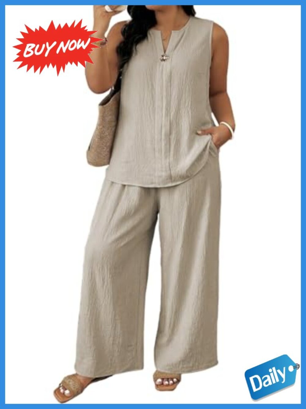 Plus Size 2 Piece Lounge Set Sleeveless V-Neck Top Wide Leg Pants